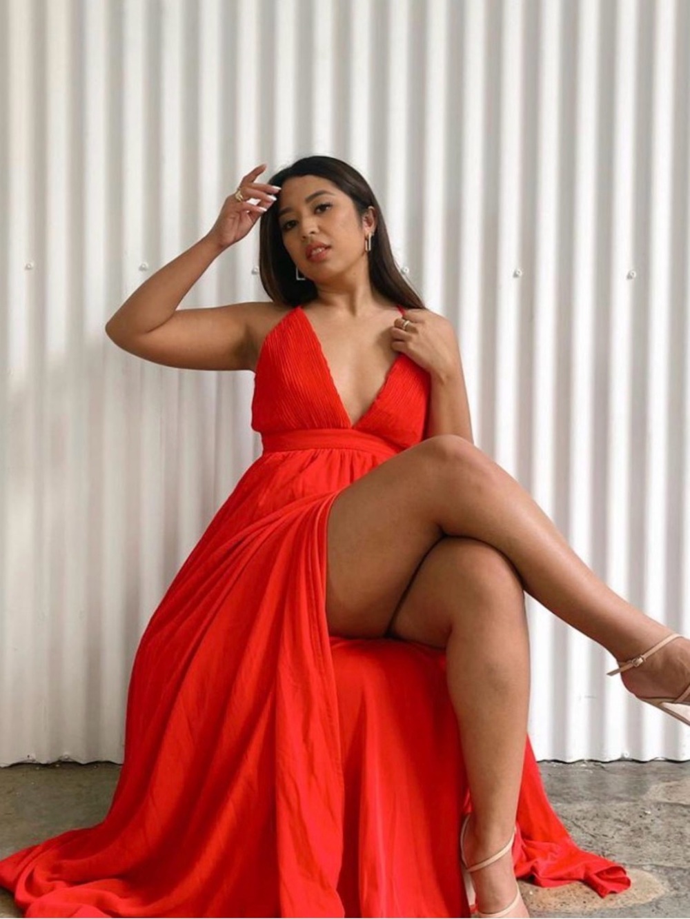 ShowPo. Red V-Neck Maxi Dress with Thigh Slit 8